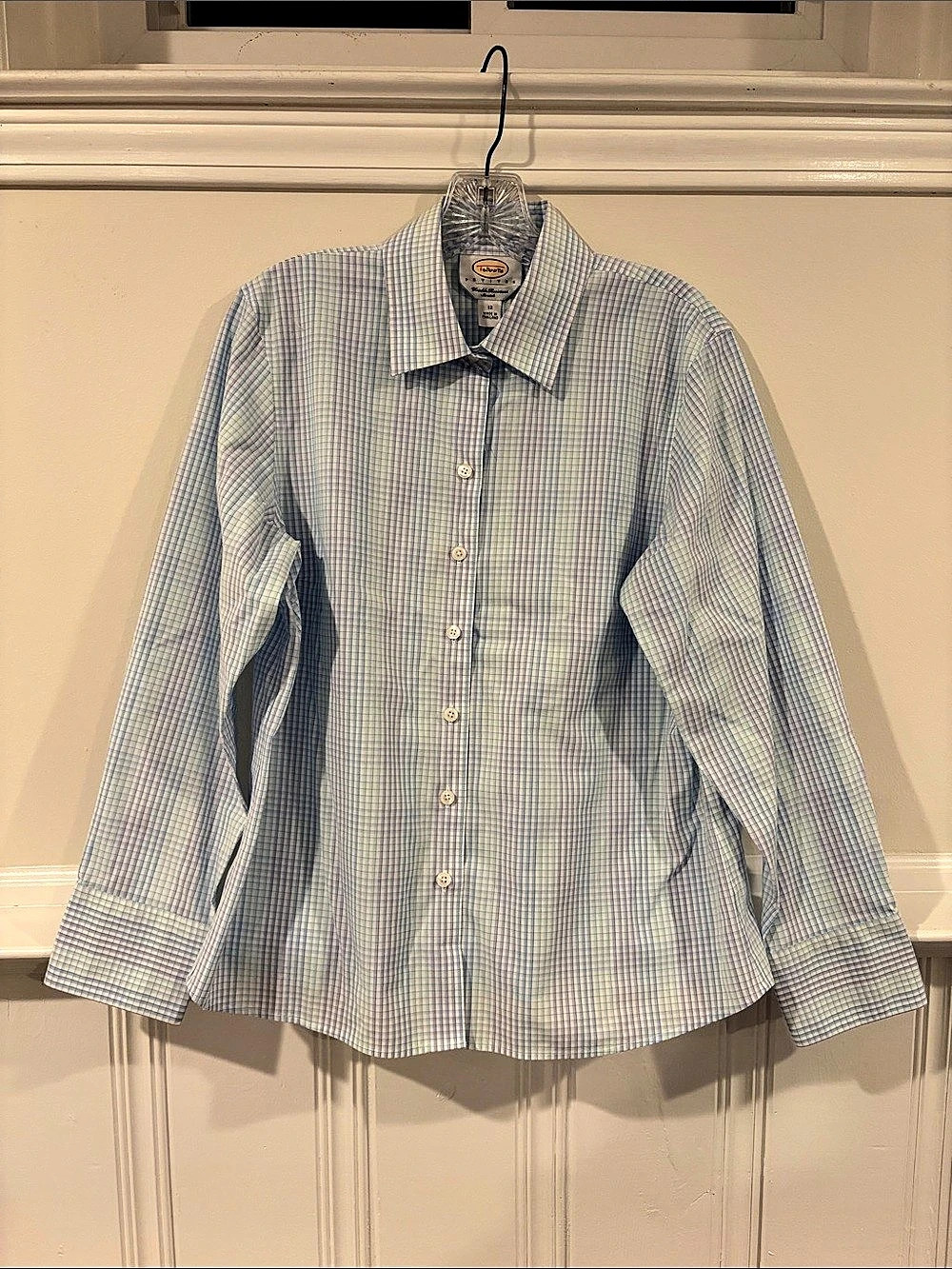 Talbots Wrinkle Resistant Stretch Gingham Button-Down Shirt Blue & White Size 12